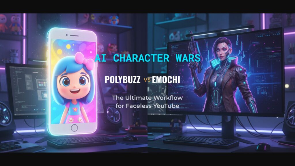 A split-screen neon creator workspace banner comparing PolyBuzz AI on a mobile phone with a 2D anime avatar, and Emochi AI on a desktop monitor featuring a 3D cyberpunk character, illustrating the ultimate AI characters workflow for Faceless YouTube channels.