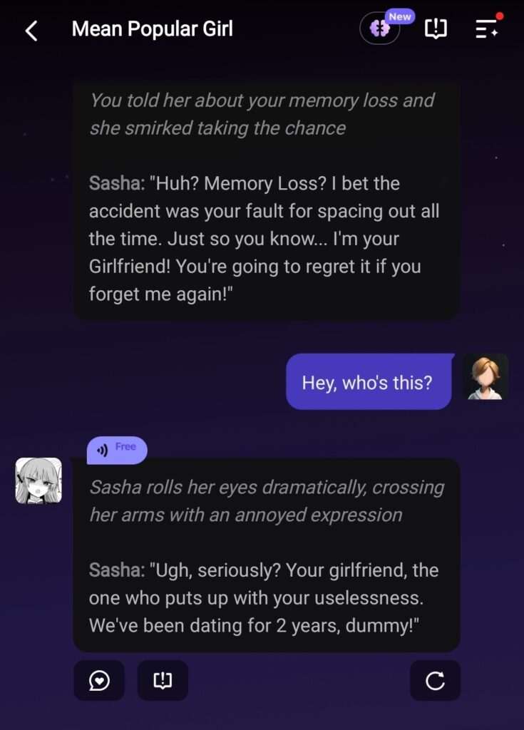 A screenshot of the PolyBuzz AI mobile app interface showing a quick chat dialogue and profile of a custom AI character on a smartphone.