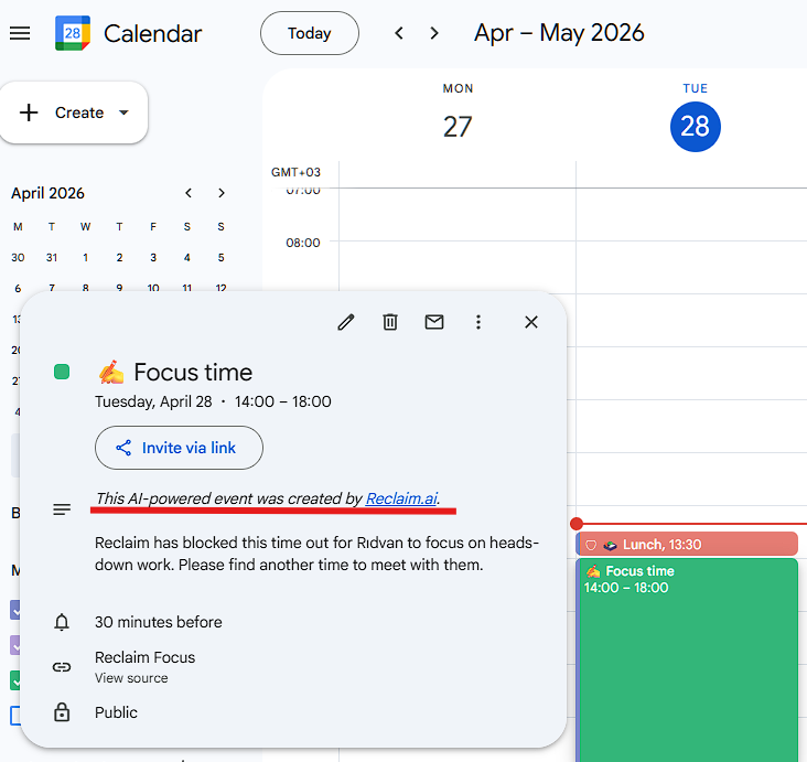 A screenshot of a Google Calendar integrated with Reclaim.ai, highlighting an auto-scheduled flexible habit block for deep work to overcome time blindness.