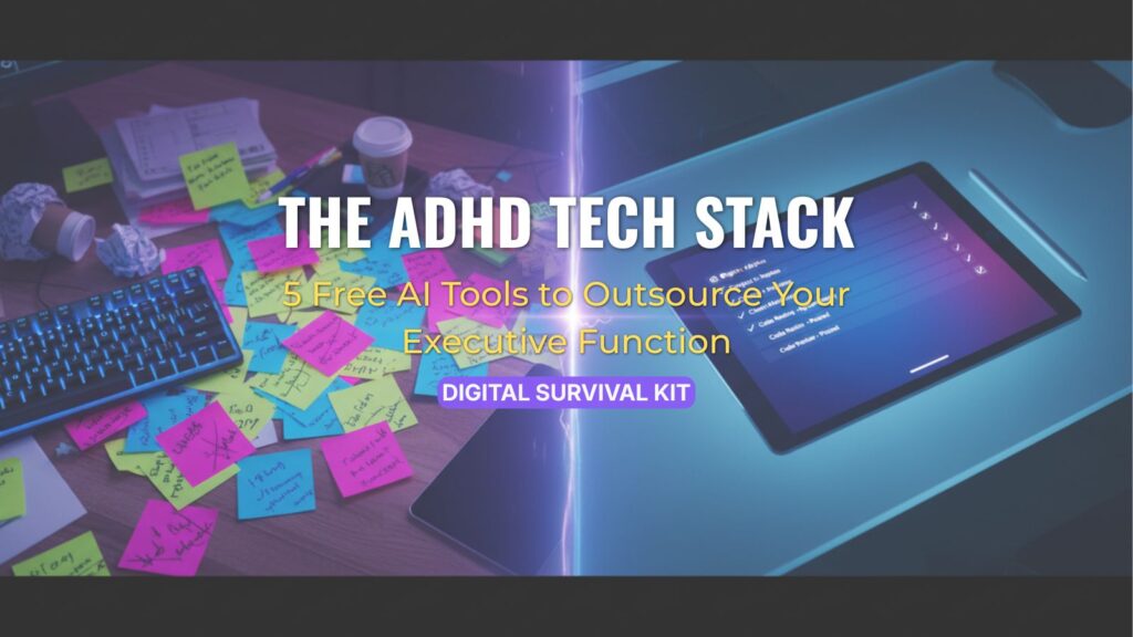A neon-lit dark tech workspace featuring a desktop setup and an AI character named TechSteve, with bold text reading 'The ADHD Tech Stack: 5 Free AI Tools to Outsource Your Executive Function' and a 'Digital Survival Kit' badge, illustrating the best ADHD AI tools for neurodivergent entrepreneurs.