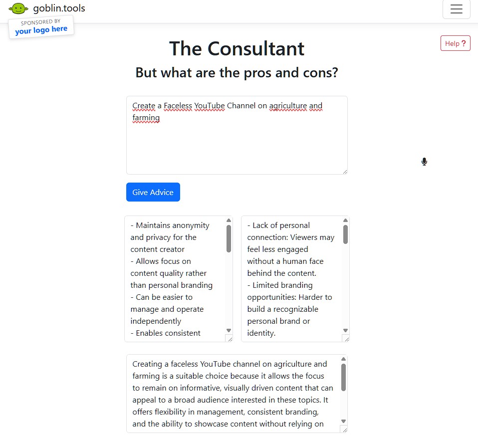 A screenshot of the Goblin.tools The Consultant interface on desktop.