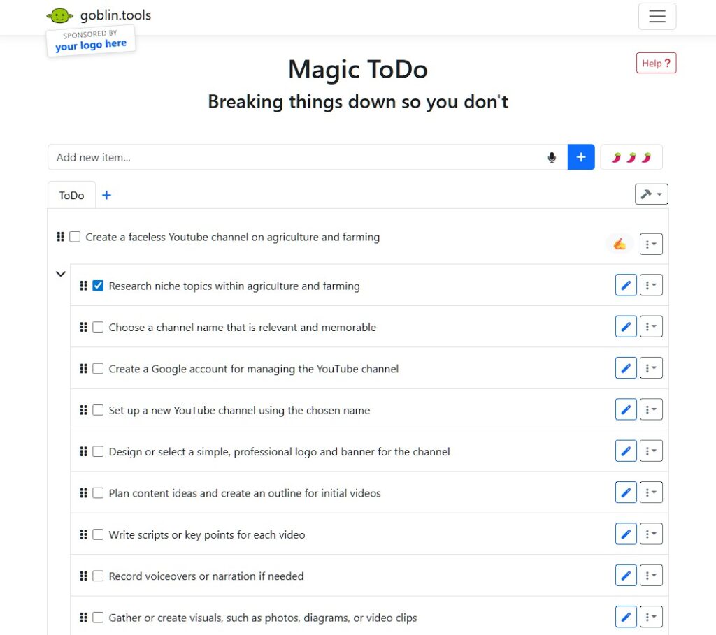 A screenshot of the Goblin.tools Magic ToDo interface breaking down a complex project into manageable sub-tasks using AI.