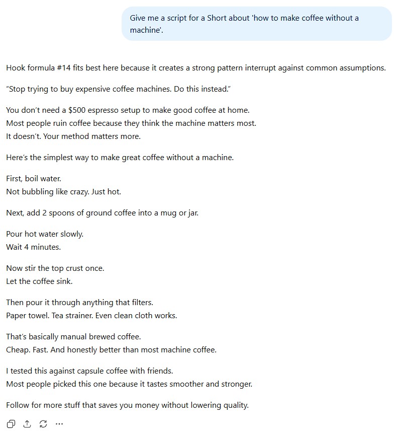 A screenshot of the ChatGPT interface showing a viral YouTube Shorts script being generated instantly using one of the copy-paste script formulas, proving the system works.