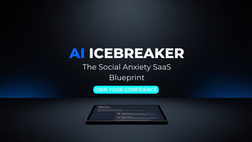 AI Icebreaker SaaS banner: A clean, minimalist dark mode workspace with a tablet showing a premium tech-noir interface with neon blue accents, representing the Zero-Skill monetization model for social anxiety built with Laravel.