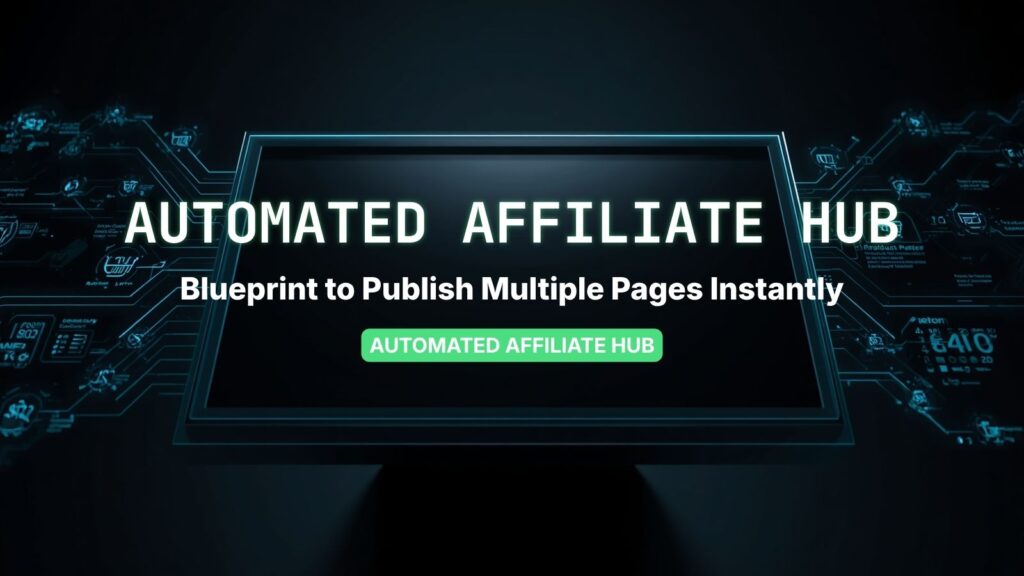 Automated affiliate hub banner: A futuristic holographic data terminal in a dark environment showing physical product reviews and comparison data connecting to Amazon cart icons, representing programmatic SEO.