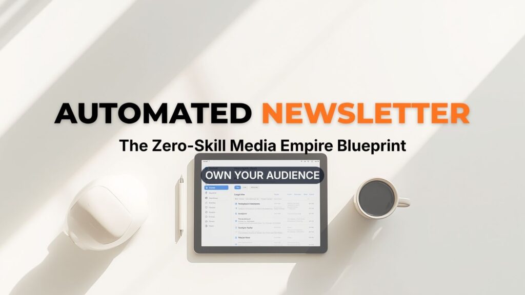 Automated newsletter banner: A clean, minimalist workspace with a tablet showing an email inbox, representing the Zero-Skill media business model built with AI curation.