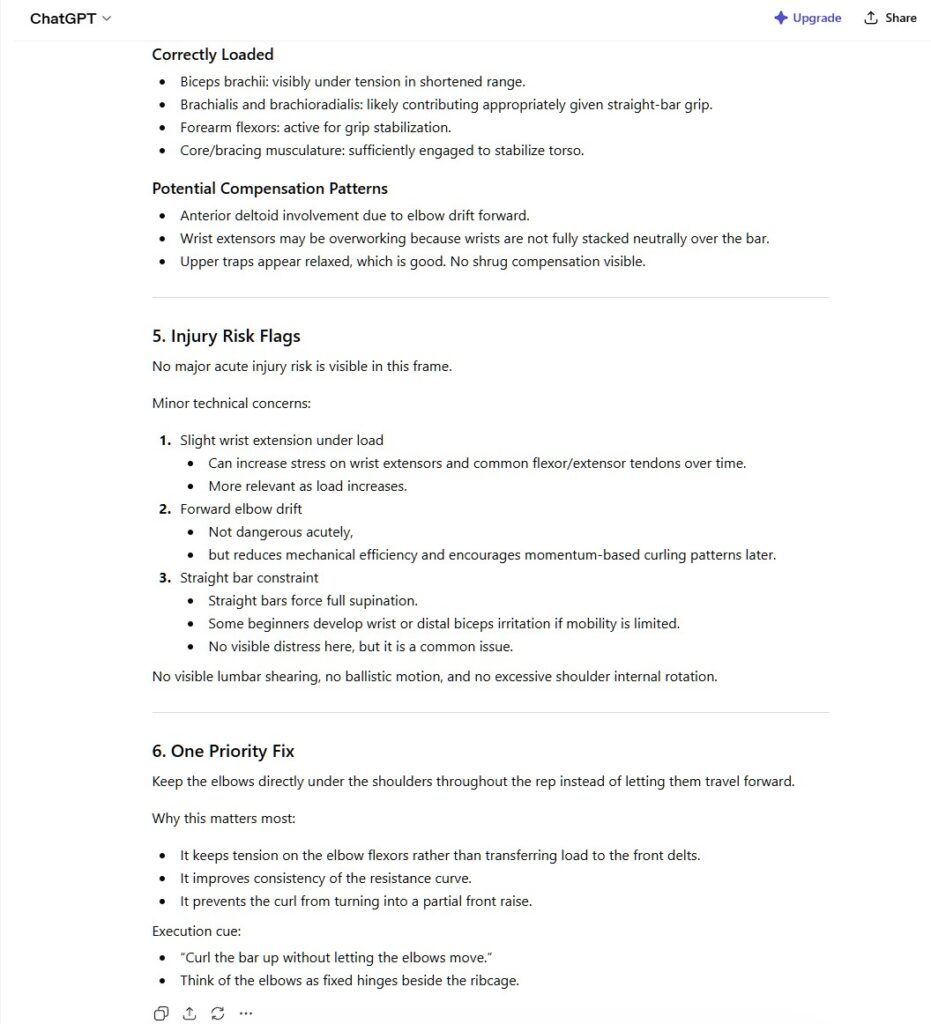 Second part of the Pocket Form Coach AI analysis, detailing muscle engagement indicators, injury risk flags, and the critical one priority fix for a bicep curl.