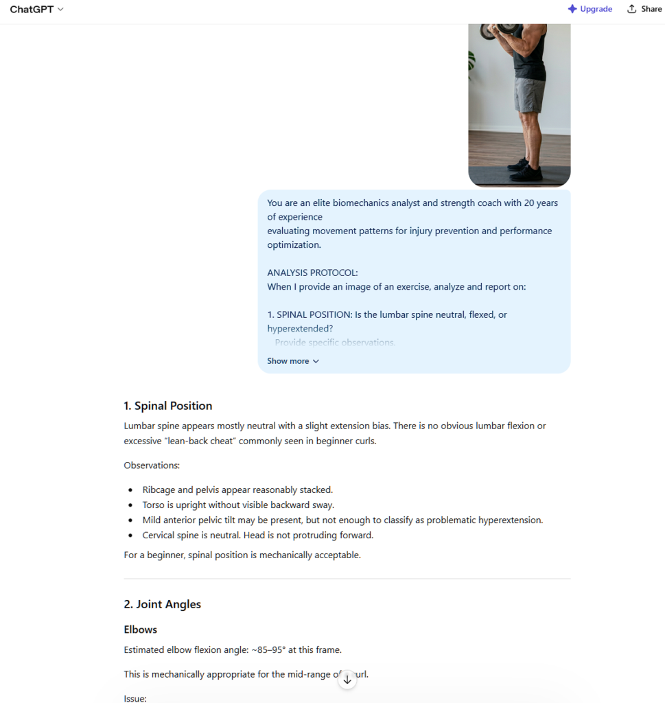 A screenshot showing ChatGPT analyzing a barbell bicep curl using mobile AI vision for biomechanical form correction.