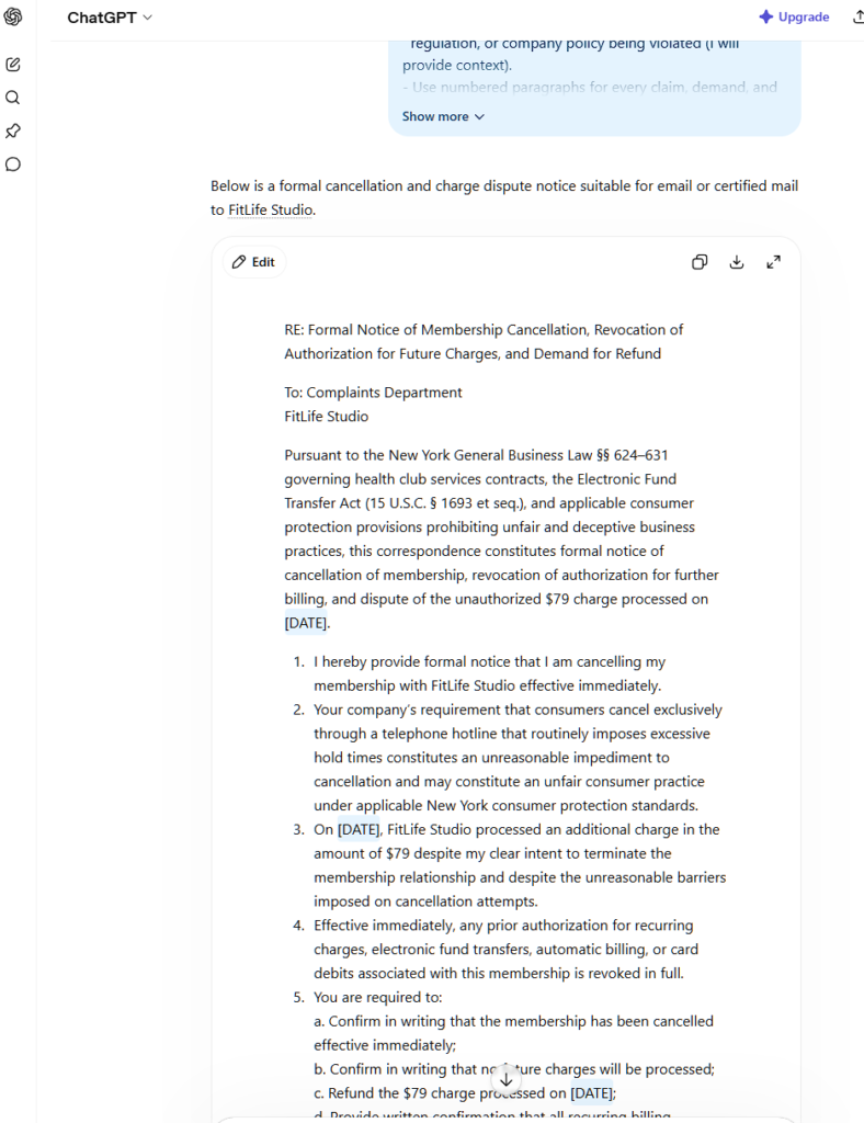 A real screenshot of ChatGPT generating a legally-backed refund and cancellation demand letter using the Corporate Exhaustion Engine prompt.
