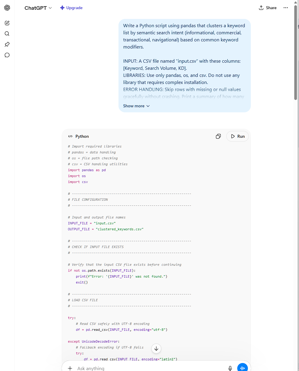 A screenshot of ChatGPT generating a programmatic SEO script for keyword intent clustering, proving how Zero-Skill coding powers Python & SQL automations.