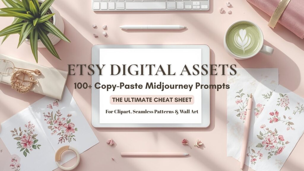 Etsy digital assets: A beautiful pastel and minimalist workspace displaying 100+ copy-paste Midjourney prompts for creating profitable AI digital products.