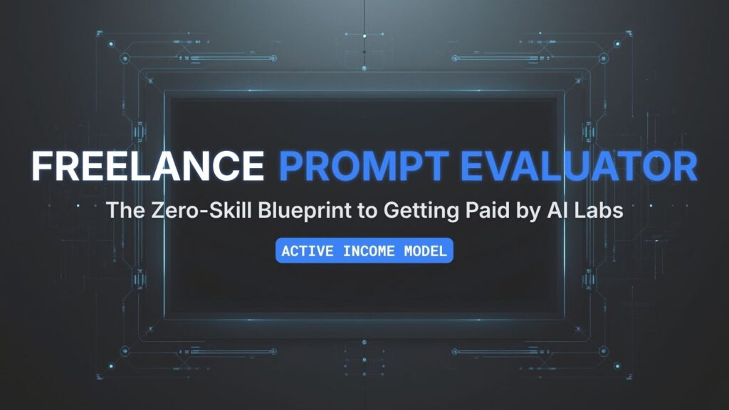 Freelance prompt evaluator: A futuristic cyberpunk data evaluation interface with glowing blue neon nodes, representing the Zero-Skill blueprint to getting paid by AI labs.