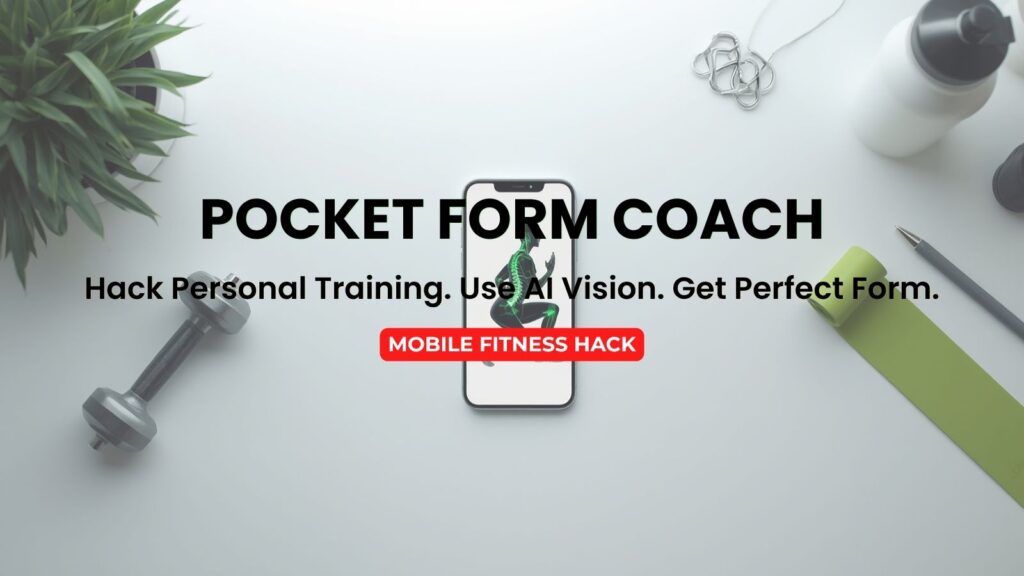 Top-down view of a bright minimalist desk featuring a smartphone displaying AI form correction with glowing green biomechanical lines. The phone is surrounded by a dumbbell and resistance band, illustrating the Pocket Form Coach concept powered by mobile AI vision.