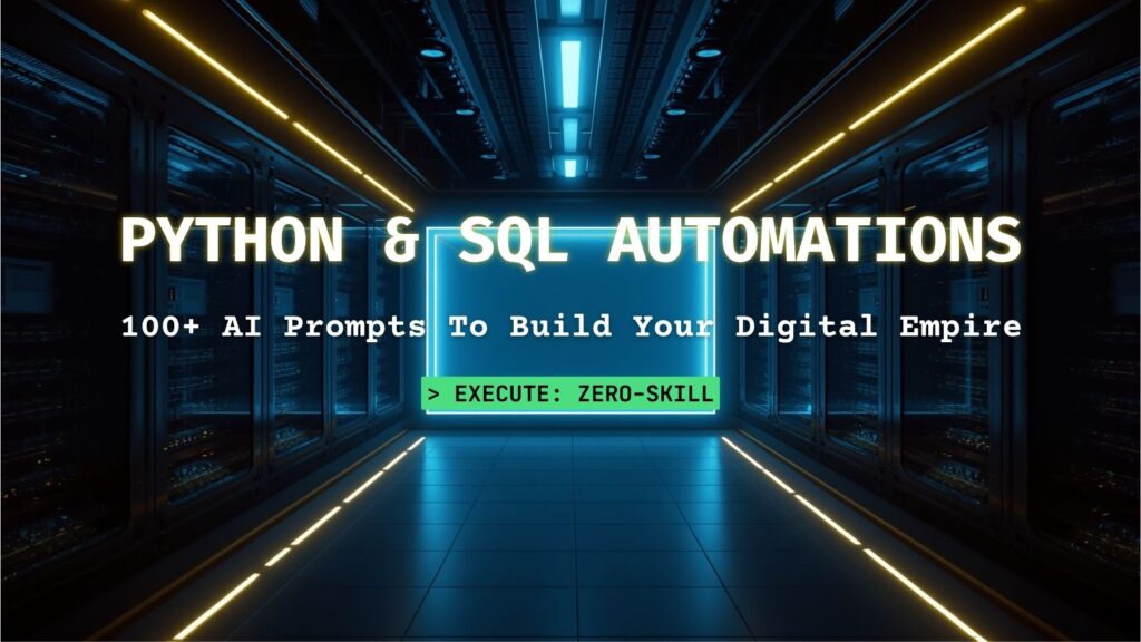 A futuristic cyberpunk database with neon blue and yellow LEDs featuring a holographic screen for Python & SQL automations and Zero-Skill coding prompts.