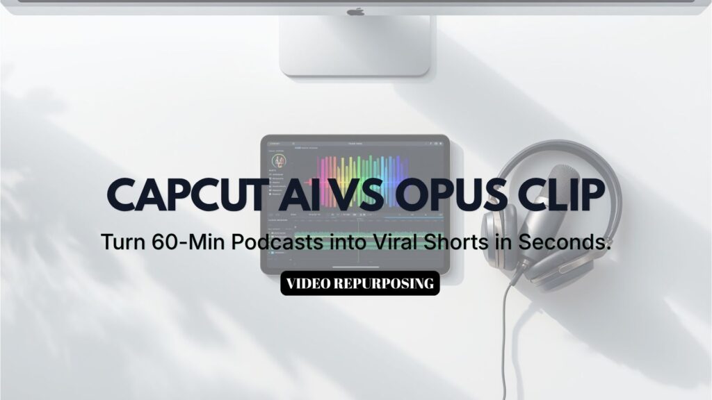 CapCut AI vs Opus Clip comparison banner showing a tablet with a video editing timeline to turn long video into shorts.