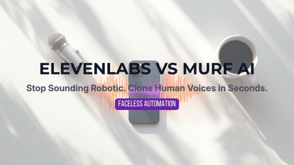 ElevenLabs vs Murf AI comparison banner featuring a smartphone with glowing audio waves and a studio microphone for realistic voice cloning.