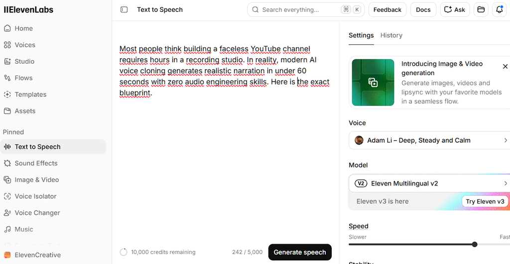 ElevenLabs user interface showing how easy it is to generate realistic ai voice cloning from text.