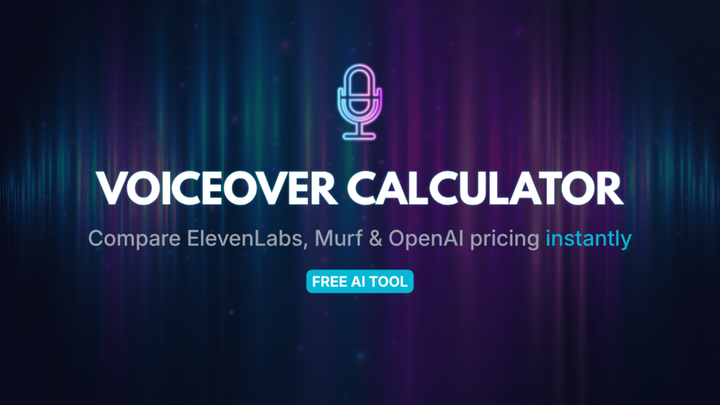 Free AI voiceover cost calculator tool banner featuring a 3D podcast microphone and glowing audio waves.