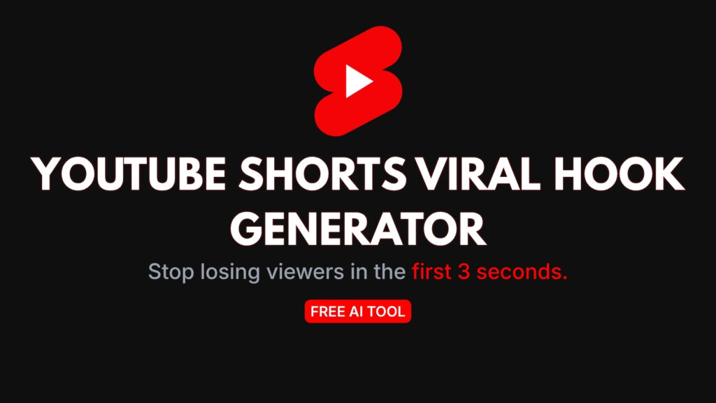 Free YouTube Shorts hook generator tool banner featuring Shorts logo on a dark background.
