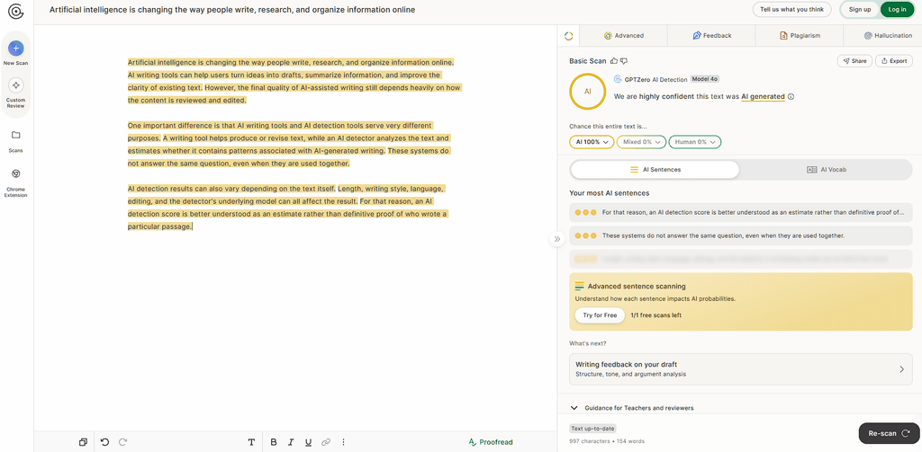 AI detector interface analyzing text