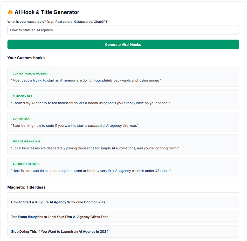 Screenshot of the ZeroSkillAI Free Hook Generator creating viral video hooks for a one-person content agency client.