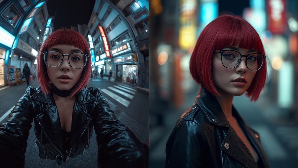 ai photography prompts comparing fisheye lens distortion with 85mm portrait lens