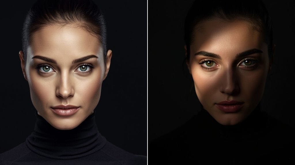 ai portrait lighting comparison demonstrating flat direct flash versus dramatic rembrandt lighting on portrait face