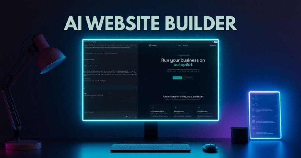 Futuristic tech workspace setup showcasing an AI website builder interface on a glowing screen with live preview.