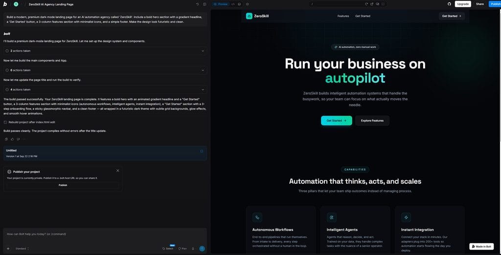 Split-screen showing a text prompt transforming into a fully functional website using the Bolt.new AI website builder.