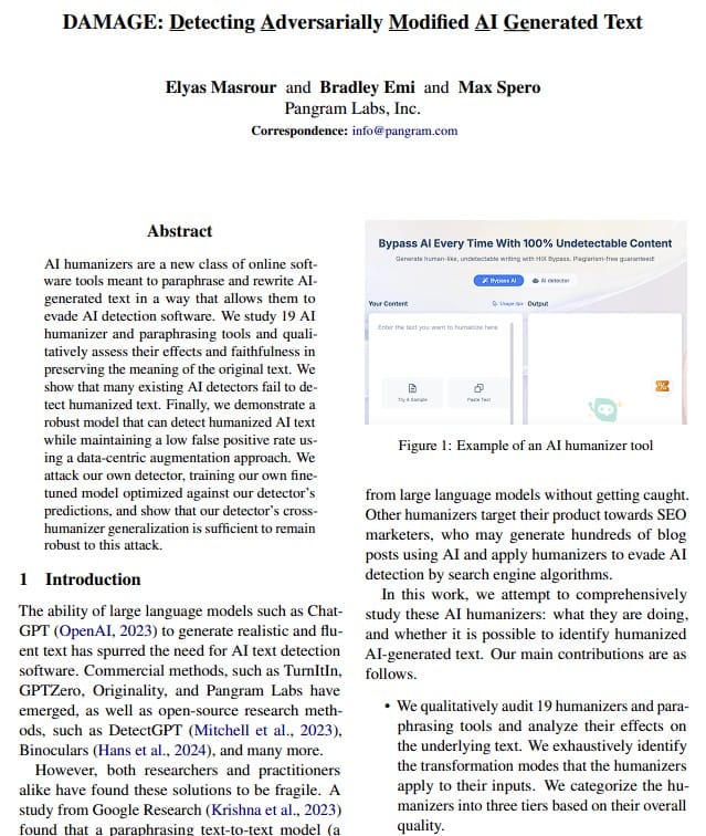 DAMAGE research paper on AI humanizers and AI-generated text detection