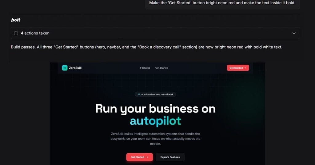 Before and after screenshots demonstrating how to change a website button to neon red using a simple chat prompt in Bolt.new.