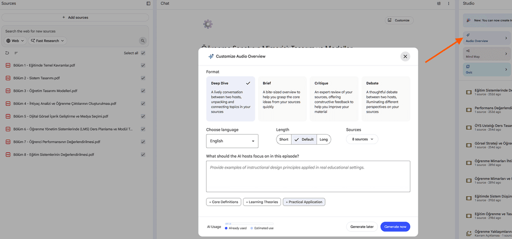 Screenshot of the Google NotebookLM interface showing the Audio Overview button to generate an AI podcast