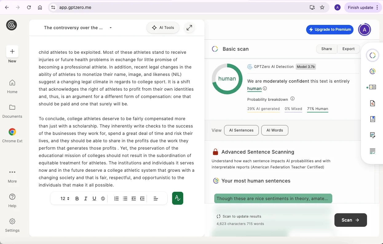 Screenshot of GPTZero AI detector showing a successful bypass by an AI humanizer tool