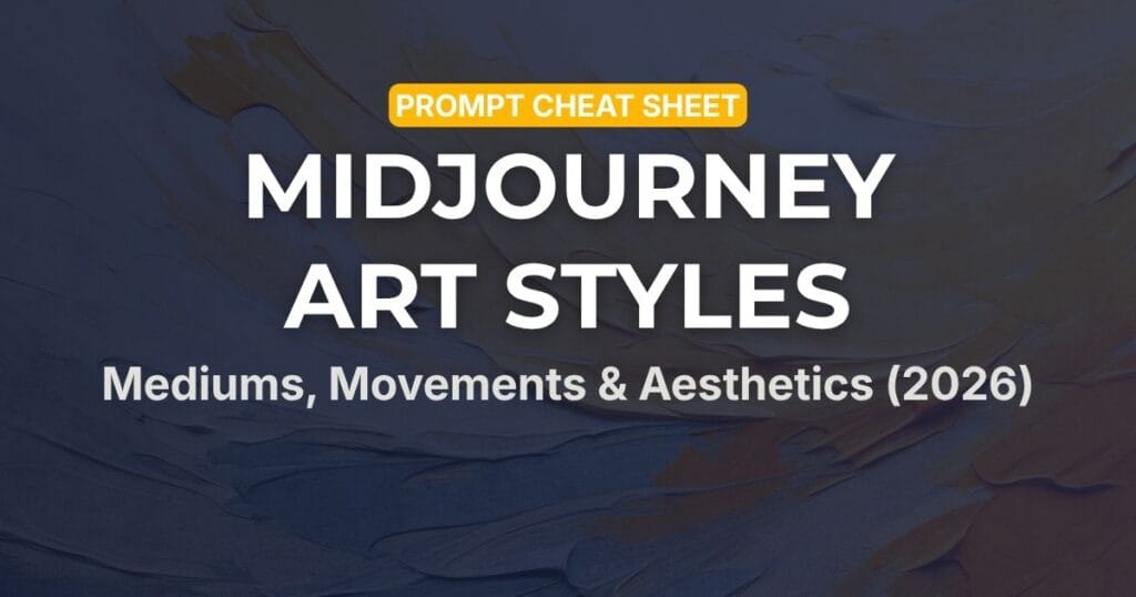 Midjourney art styles cheat sheet guide covering visual mediums, movements, and aesthetics for AI art generation