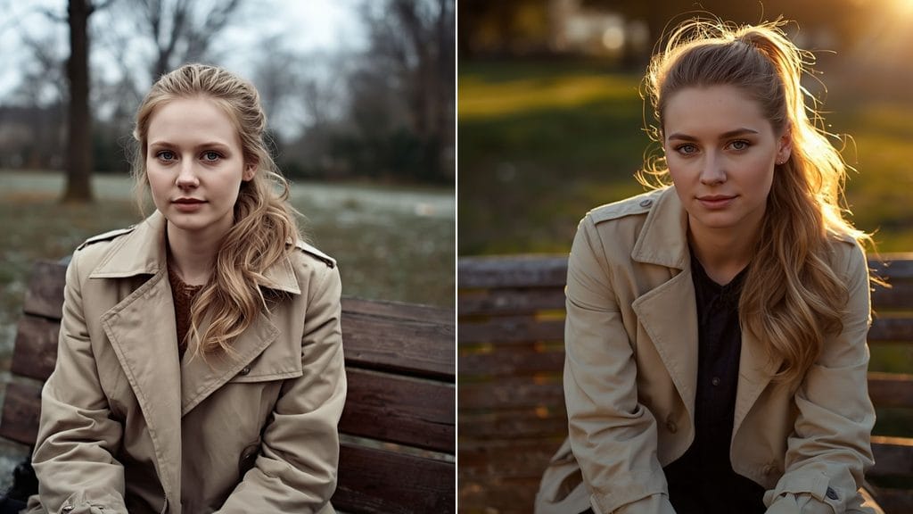 midjourney lighting prompts comparing flat lighting with golden hour