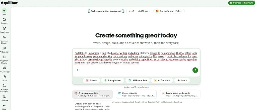 QuillBot AI Humanizer writing and editing interface