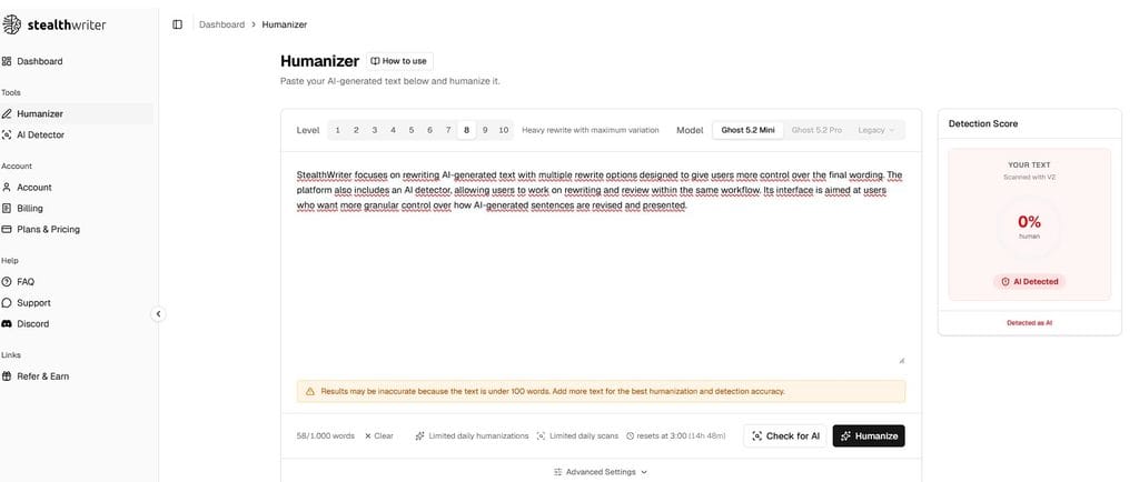 StealthWriter AI humanizer and rewriting interface