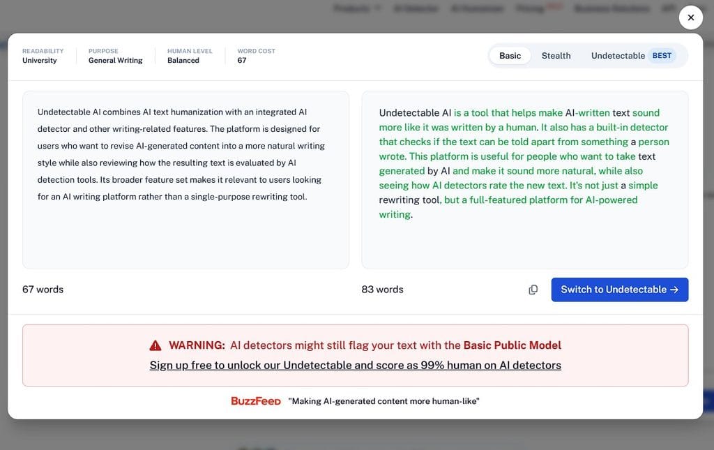 Undetectable AI AI humanizer and AI detector interface