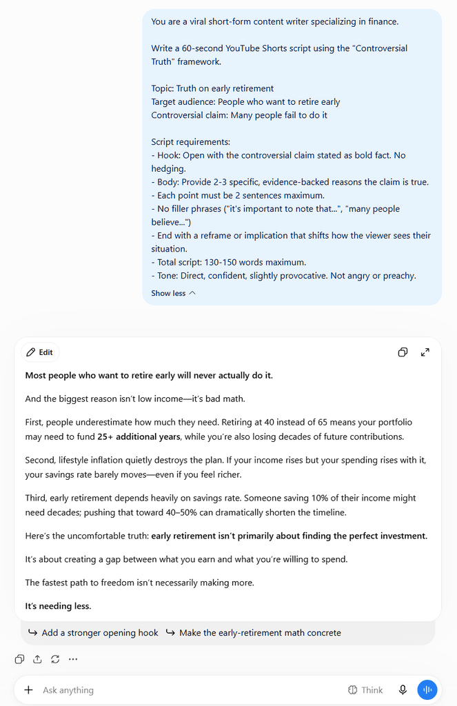 Example of ChatGPT prompts for YouTube Shorts generating a viral script using the controversial truth framework.